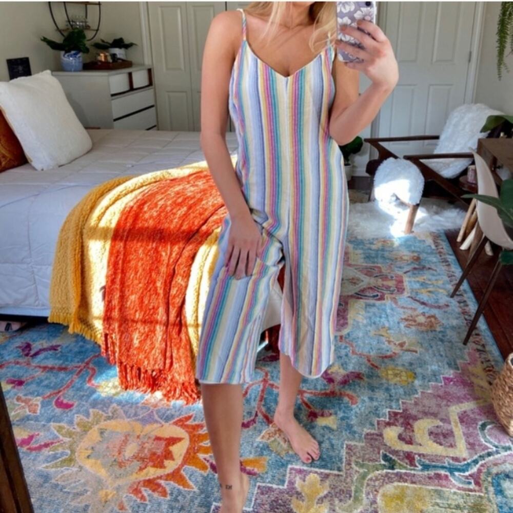 Lily Black Estilo striped linen blend Cropped Wide leg Jumpsuit Romper NEW